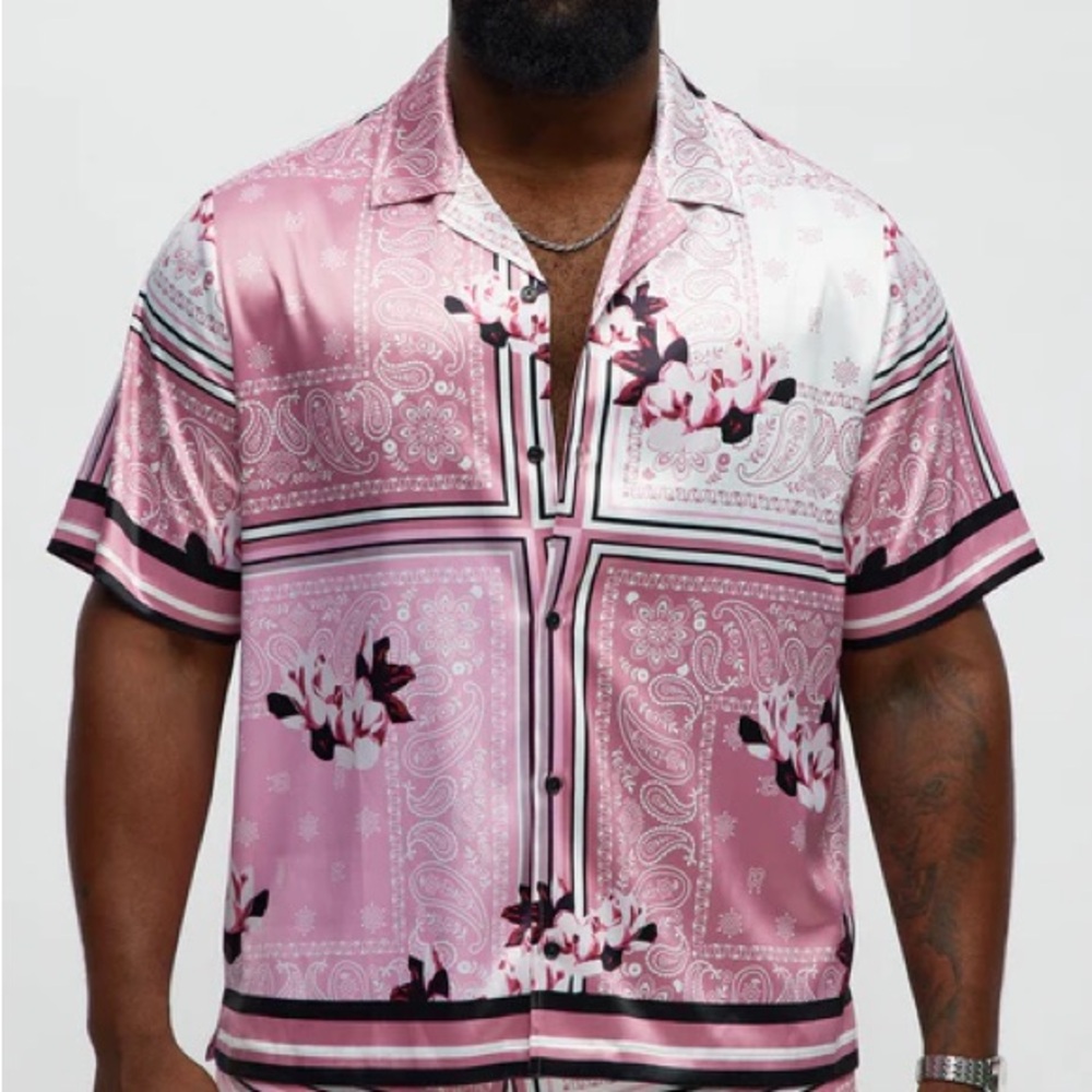 NovaMen Cuban Collar Paisley Drift Short Sleeve Shirt - Pink/combo Size 3XL